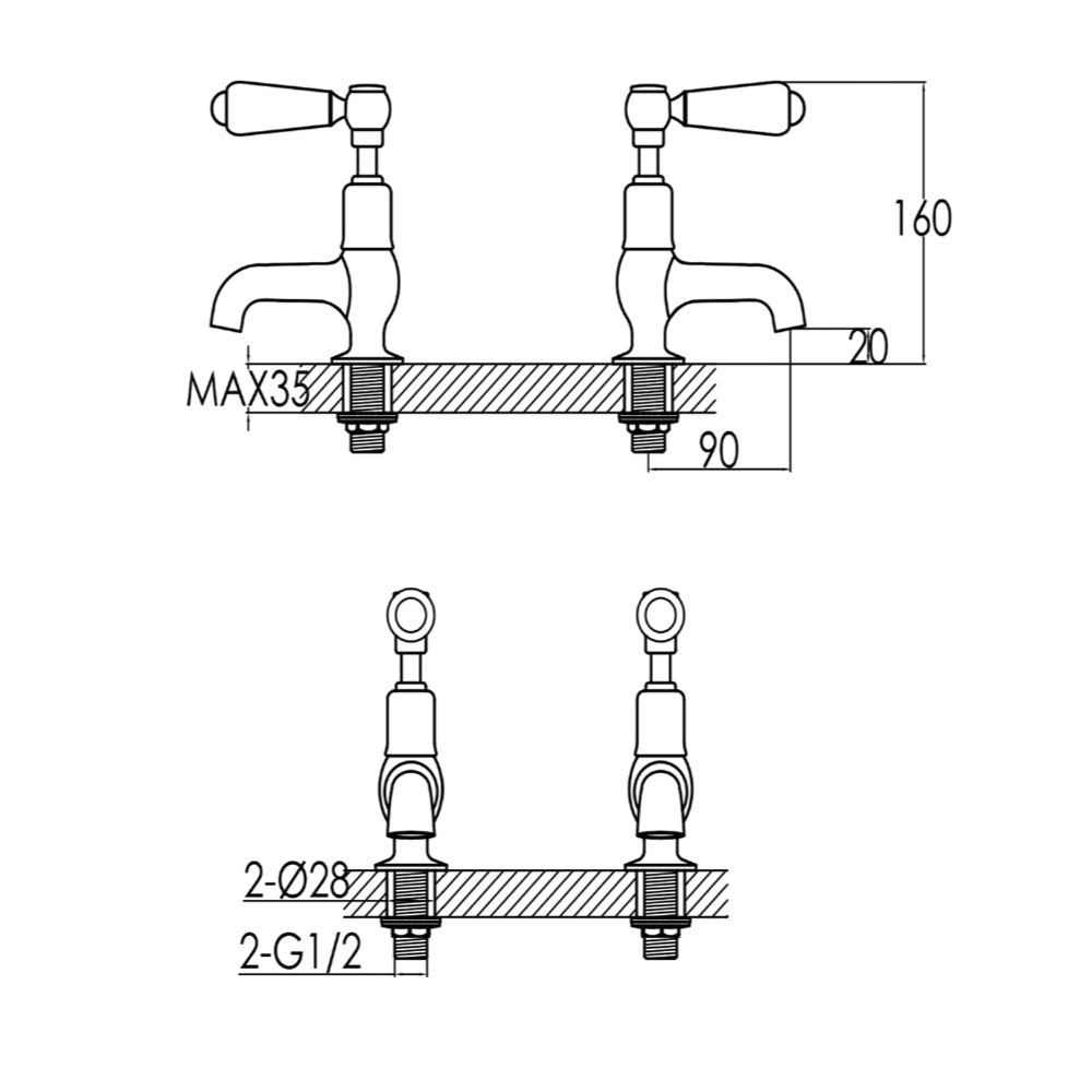 Gold pillar tap for washbasin - Technical diagram