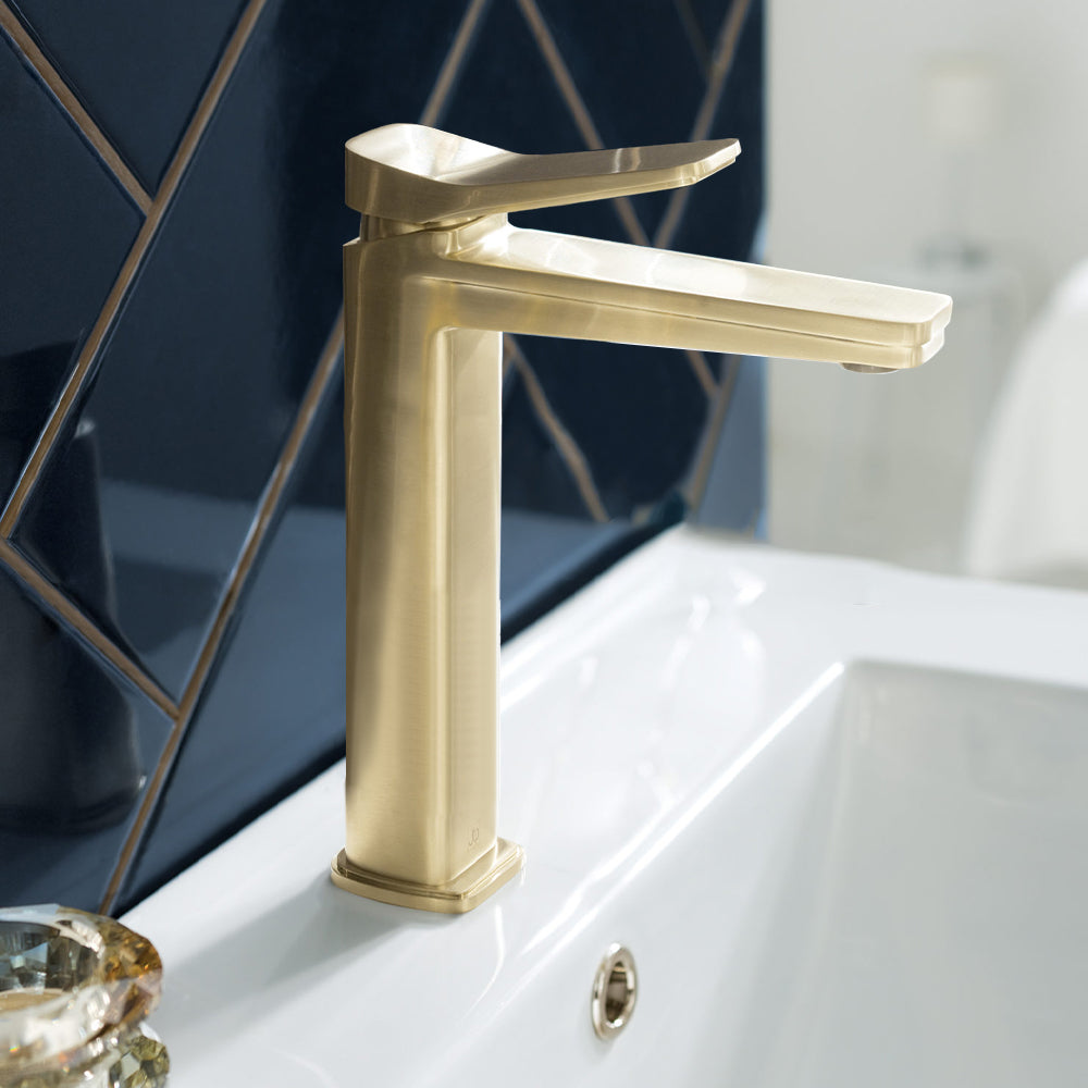 Brushed brass tall basin tap