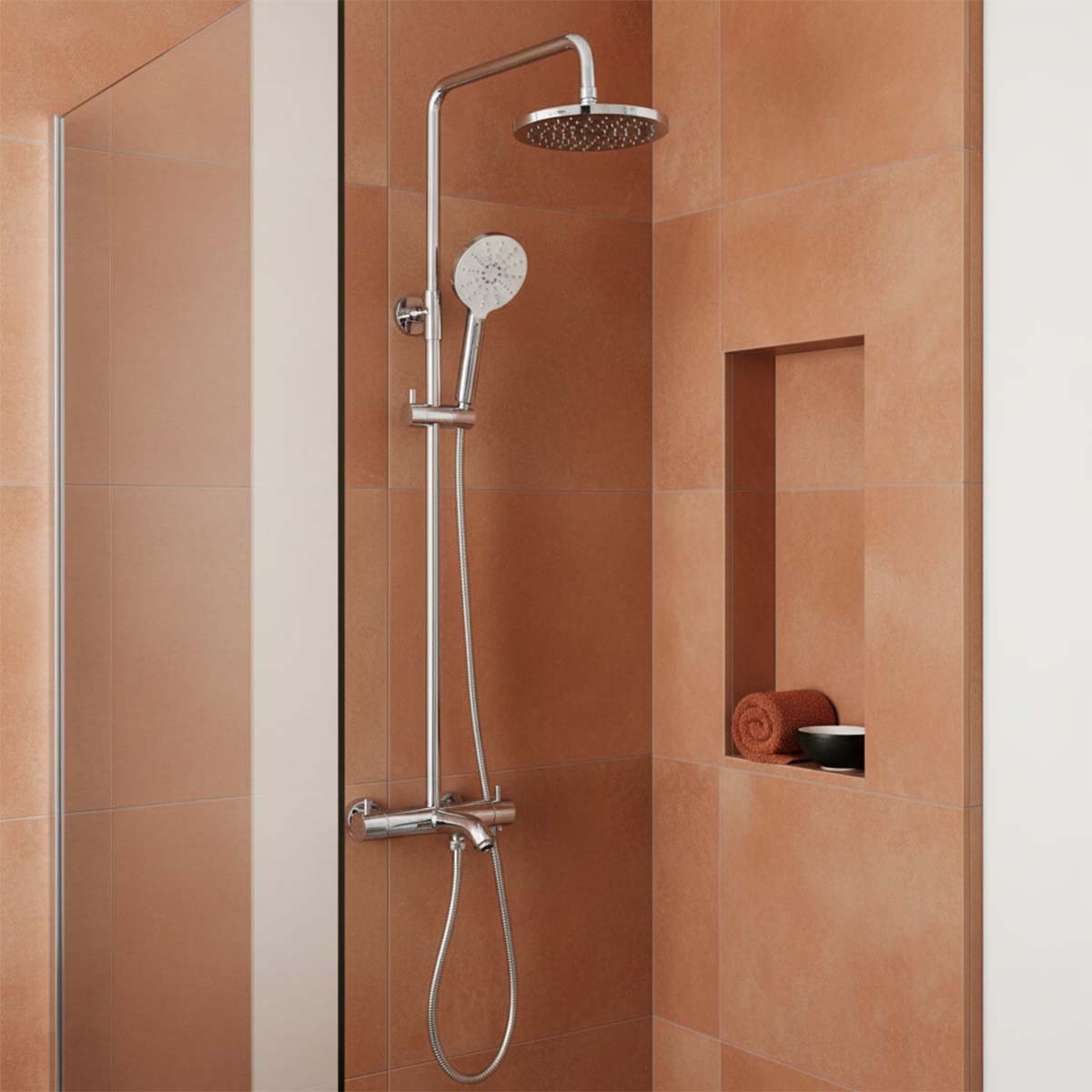 modern wall-mounted rain shower system with a round overhead shower head, handheld shower head on a flexible hose, and chrome controls