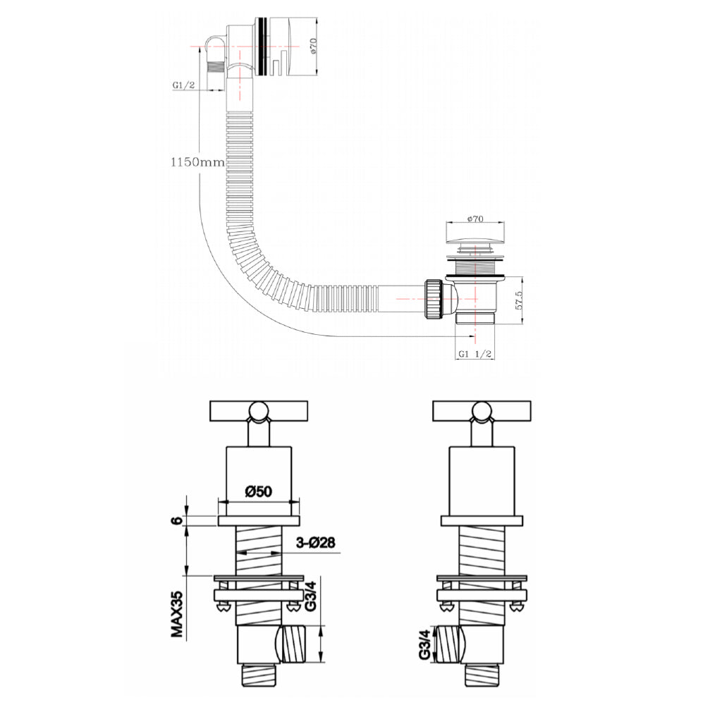 Bath overflow filler with deck-mounted side valve - Technical drawing