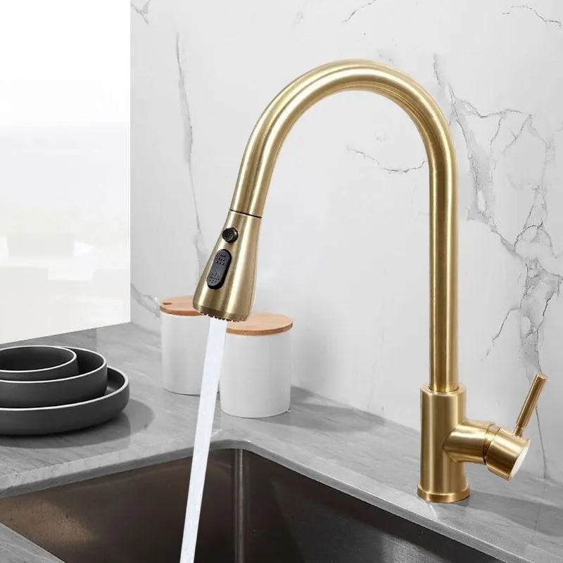 Brushed gold pull out kitchen tap
