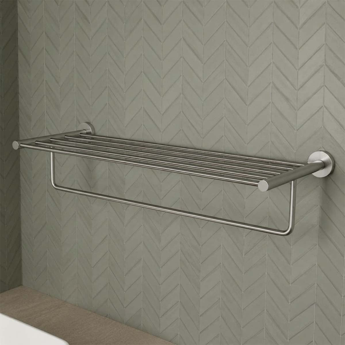 rushed Stainless Steel Wall Mounted Towel Shelf With Rail - 626mm