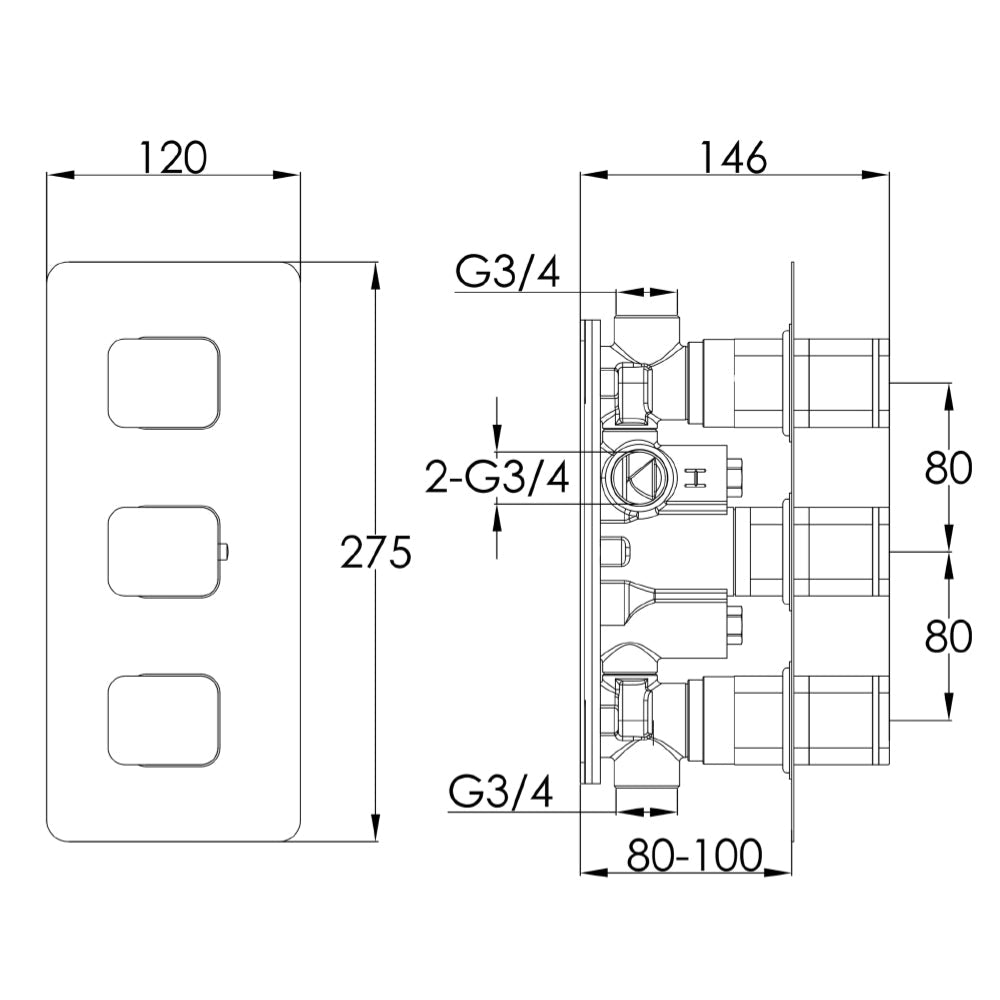 2 outlet thermostatic shower valve - Technical drawing