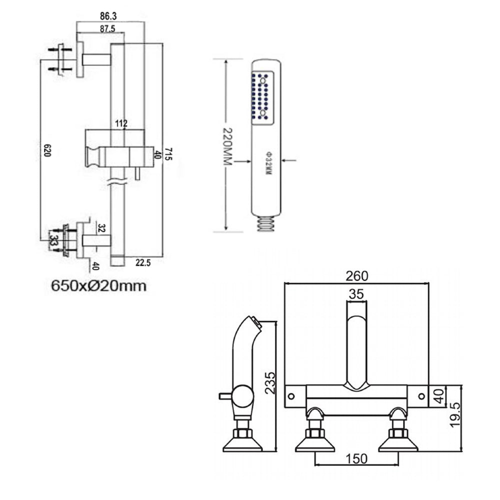 Shower riser rail kit - Technical drawing