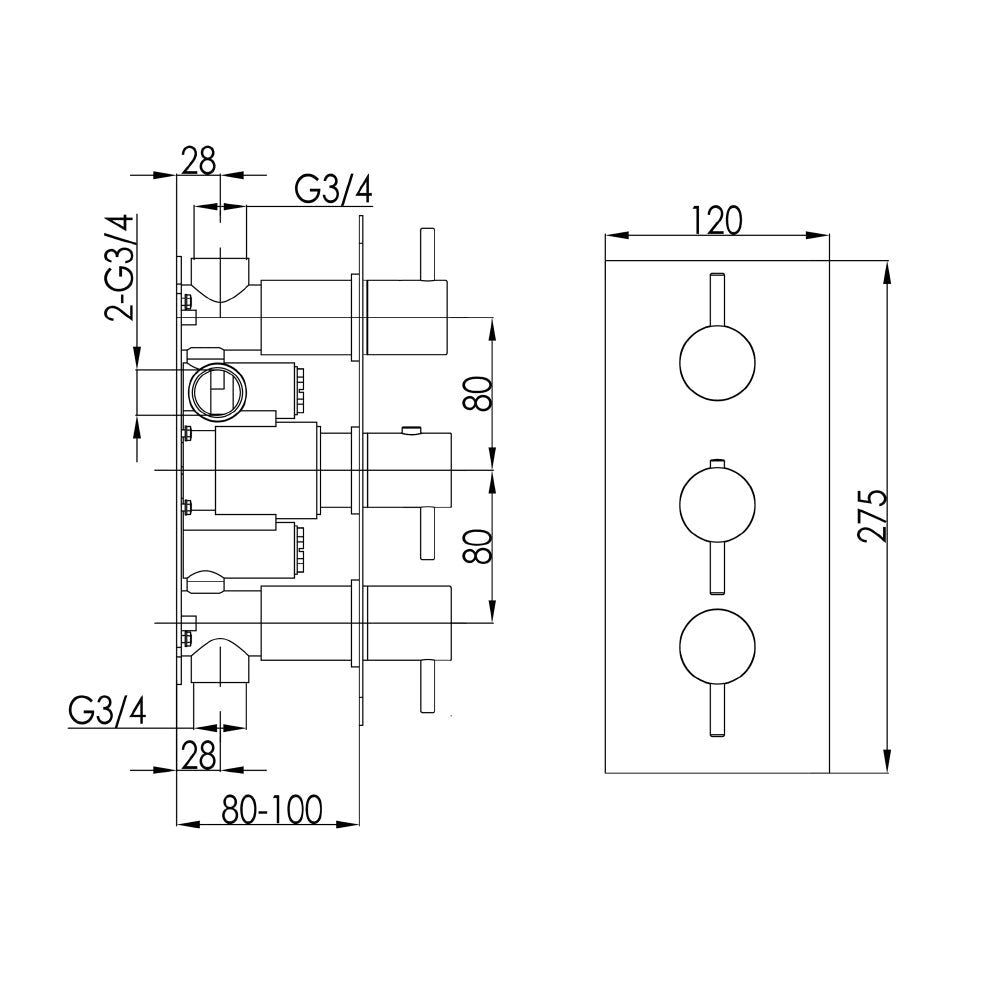 Steel 2 outlet shower valve - Technical drawing