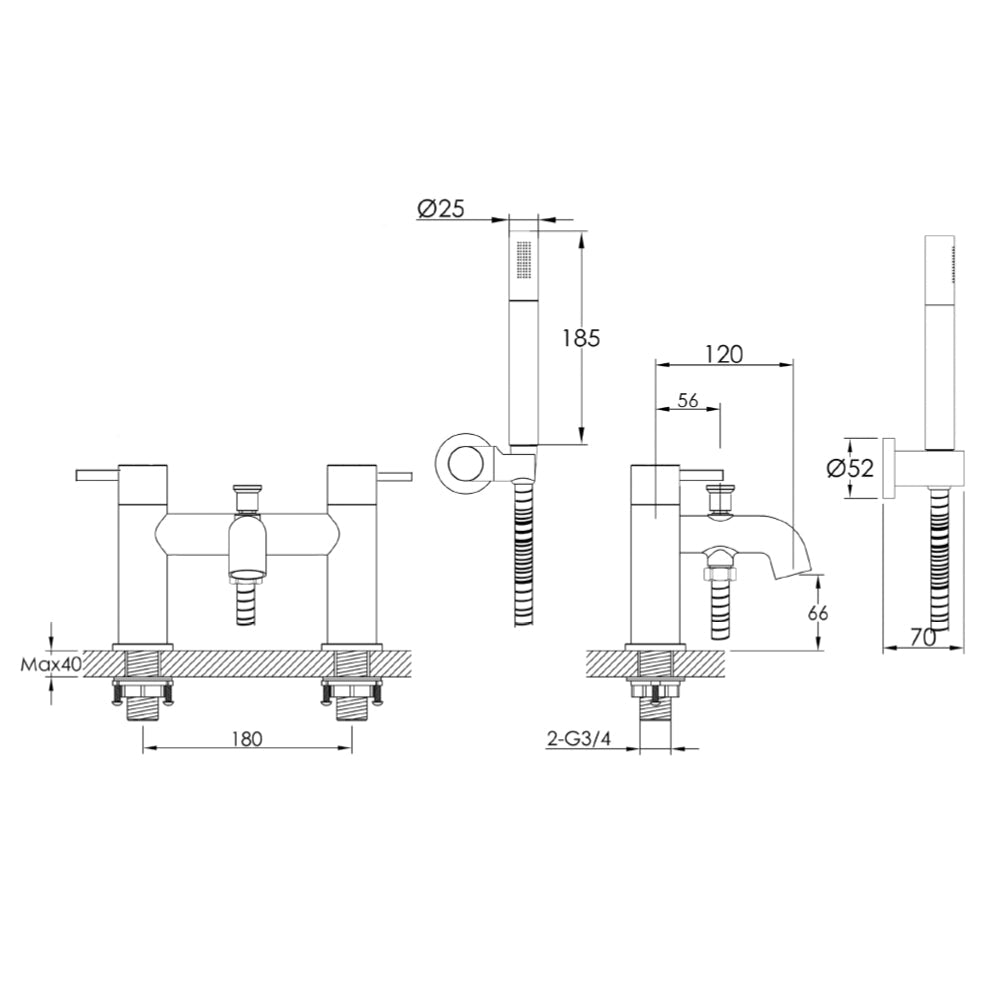 Modern black bath mixer tap - Technical drawing