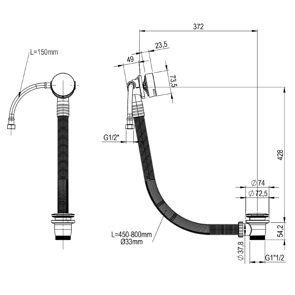 Click clack bath waste - technical drawing