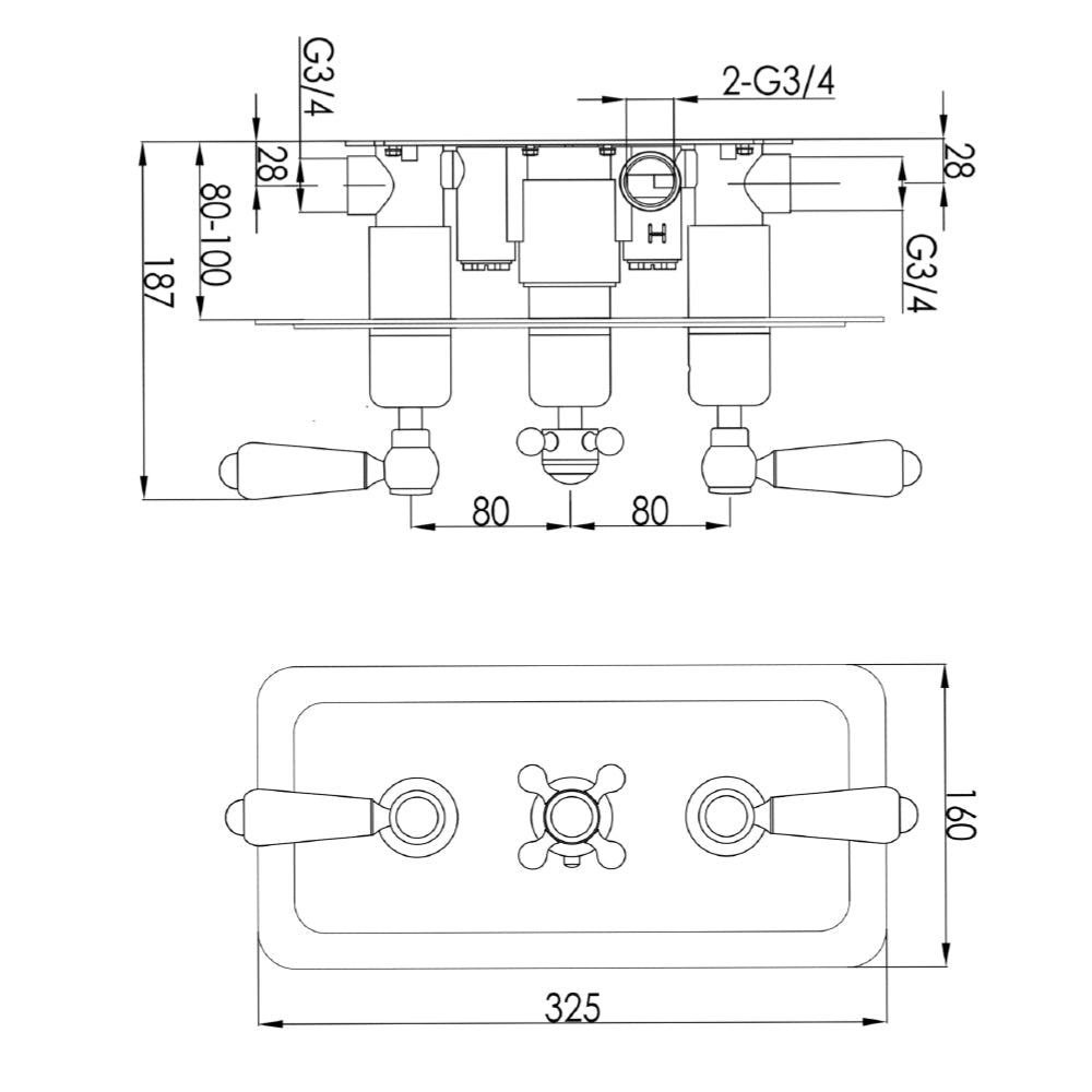 2-way shower valve - Technical drawing