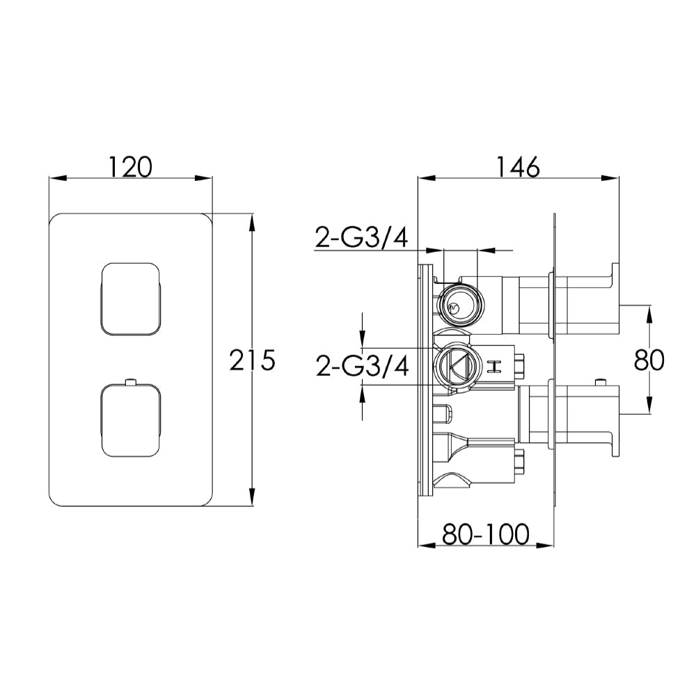 Concealed 2 way shower mixer valve - Technical drawing