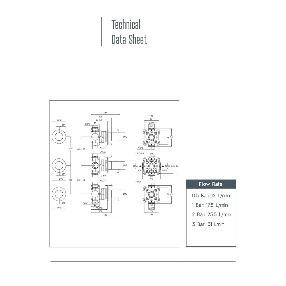 Thermostatic concealed shower valve - Technical drawing