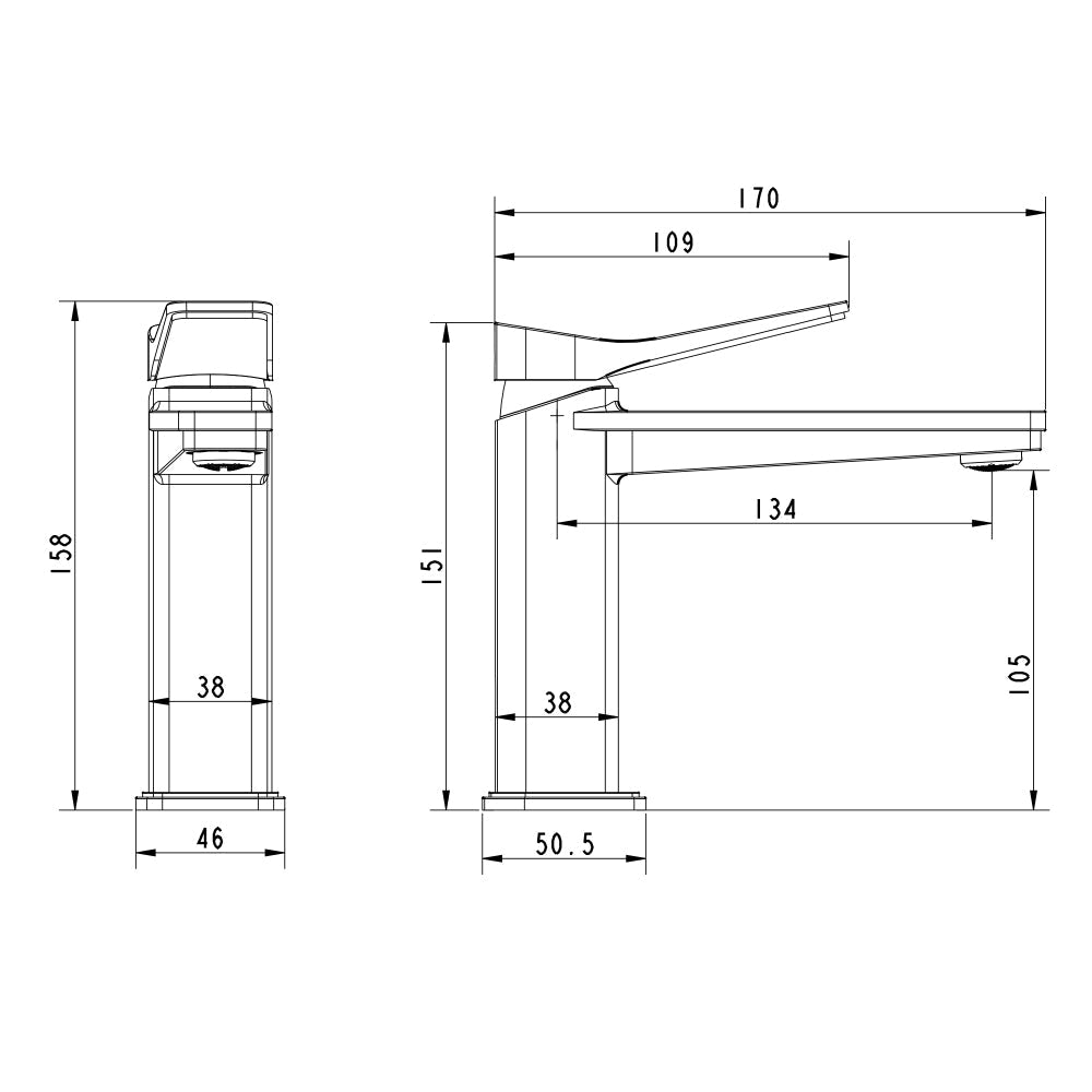 Gold sink mono mixer tap technical drawing-tapron