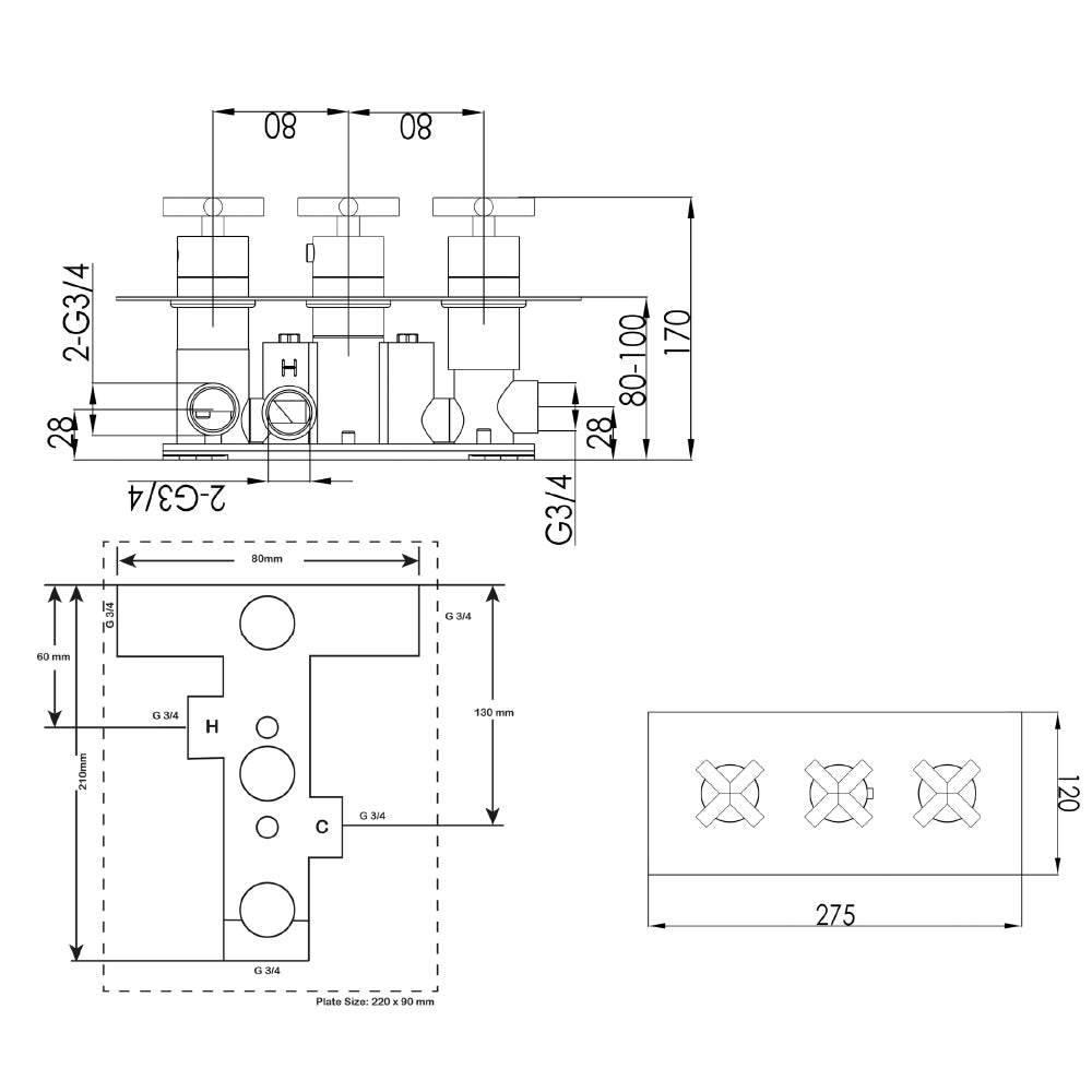 3 way shower valve - Technical drawing