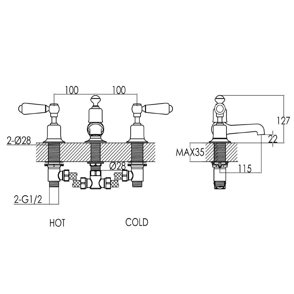 Gold Victorian Sink Tap - Technical drawing