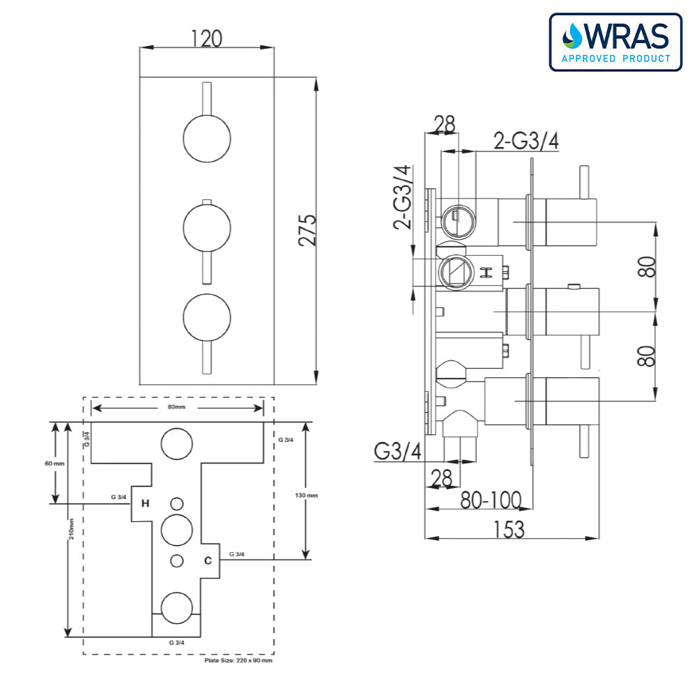 3 way steel shower diverter valve - Technical drawing