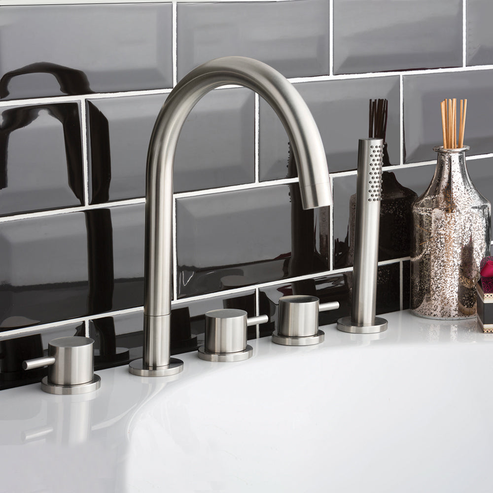 Steel 5-hole bath tap with handheld shower head