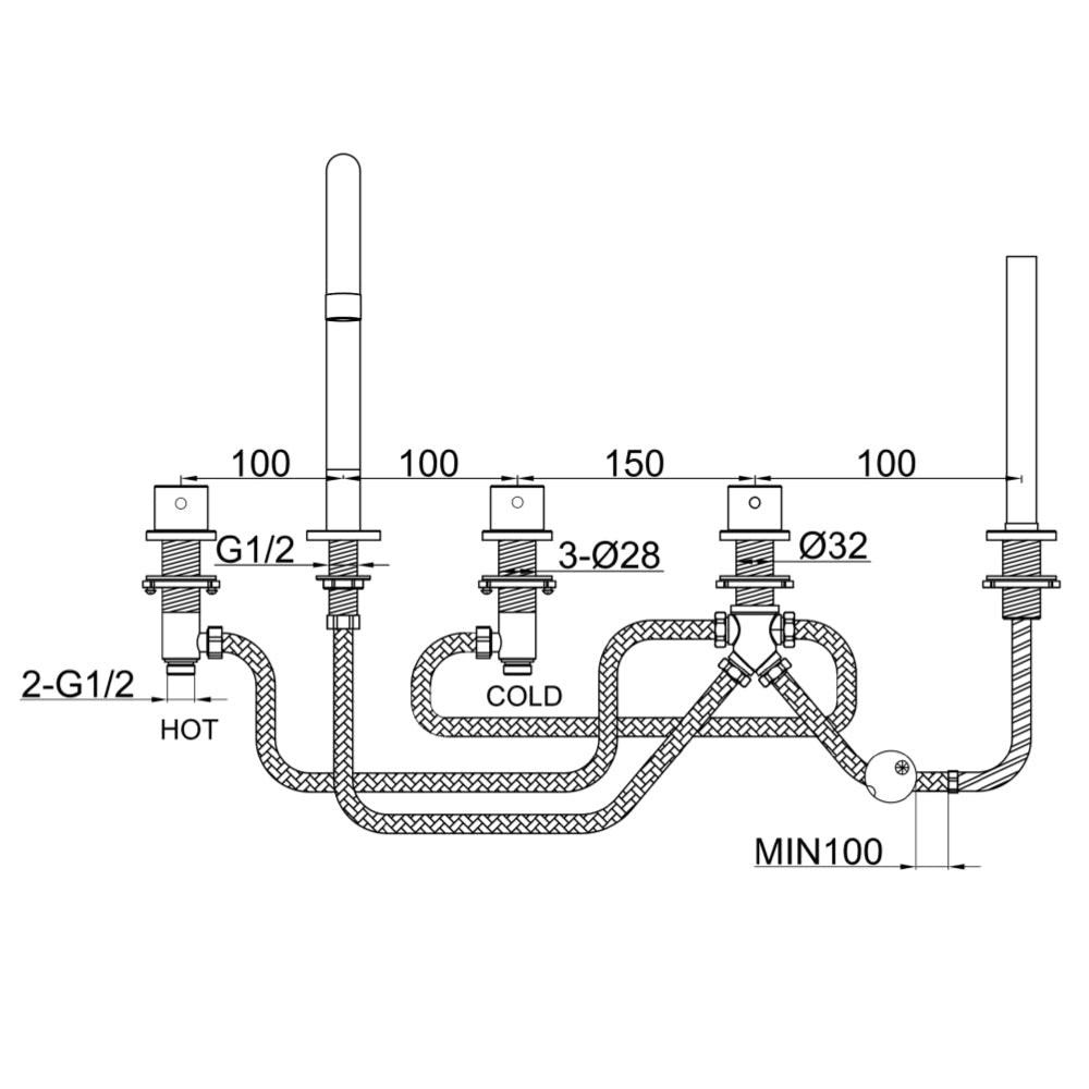 Modern brushed steel bath tap - Technical drawing
