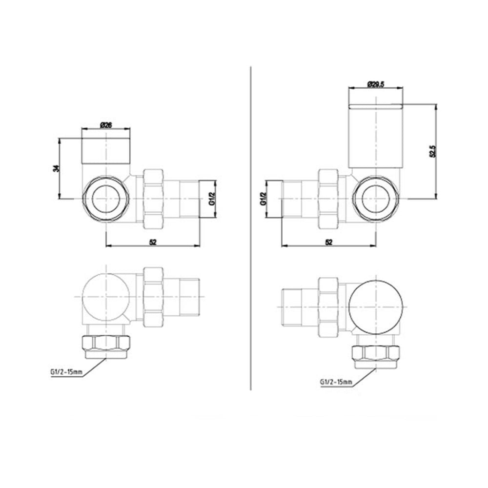 corner towel radiator valves technical drawing