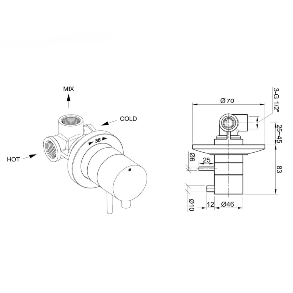 Single lever shower mixer valve - Technical drawing