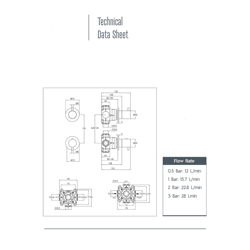 2 outlet concealed thermostatic valve - Technical drawing