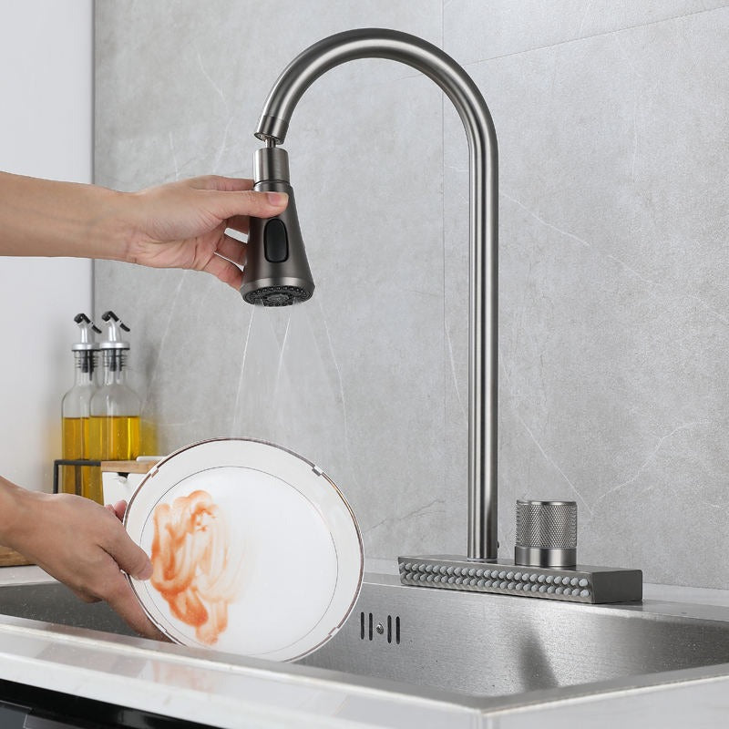 Black pull out kitchen tap with wide waterfall outlet