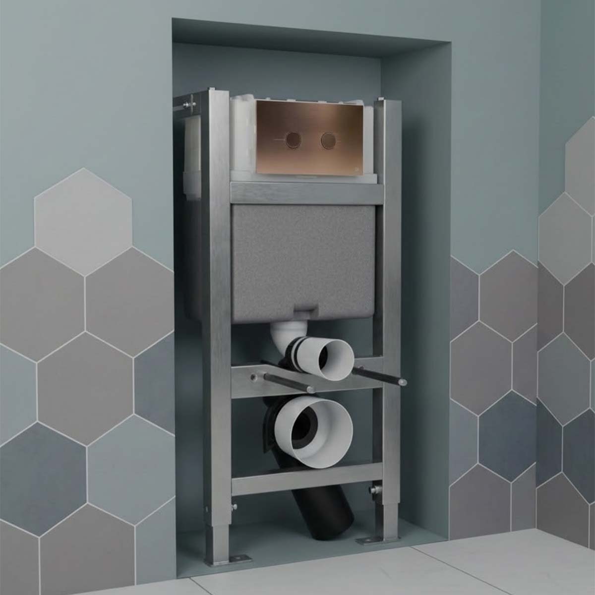 0.820m Concealed Toilet Cistern and Frame with Brushed Bronze Flush Plate