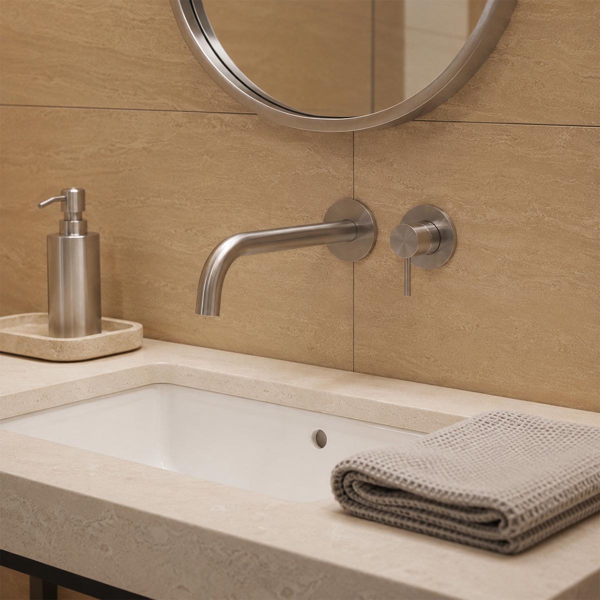 2-Hole Wall-Mounted Single Lever Basin Mixer Tap - Stainless Steel