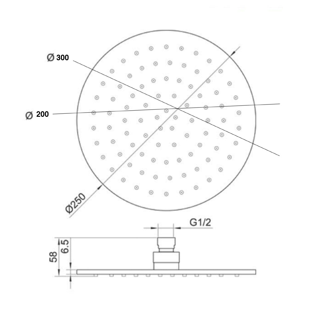 VOS Round Gold Shower Head Technical Drawing