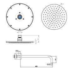 Brushed gold shower head & arm - Technical drawing