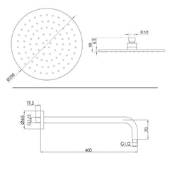 Brushed bronze shower head and arm - Technical drawing