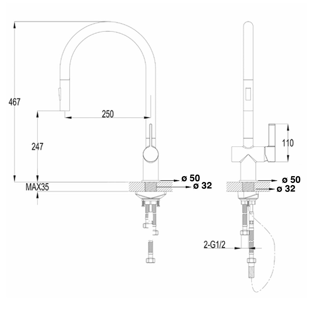 Techinical Drawing - Matt Black Kitchen Sink Mixer Tap