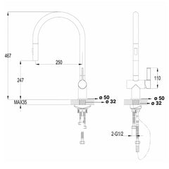 Techinical Drawing - Matt Black Kitchen Sink Mixer Tap