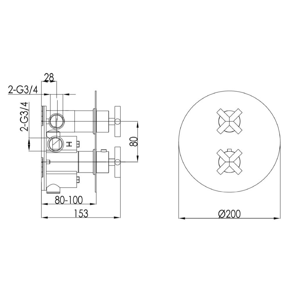 Thermostatic 2 Outlet Shower Valve technical drawing - Tapron