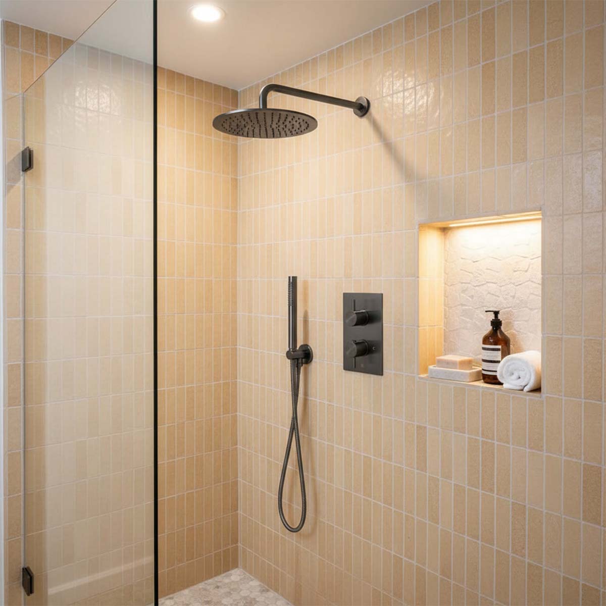 2 Outlet Thermostatic Concealed Shower Valve, Fixed Shower Head & Handset - Brushed Black