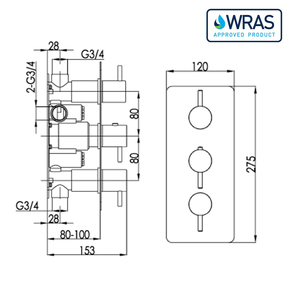 Concealed thermostatic shower mixer valve Technical Drawing-Tapron