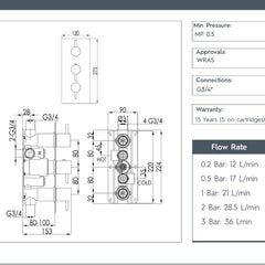 2 Outlet with 3 Handles Concealed Bath and Shower Valve 