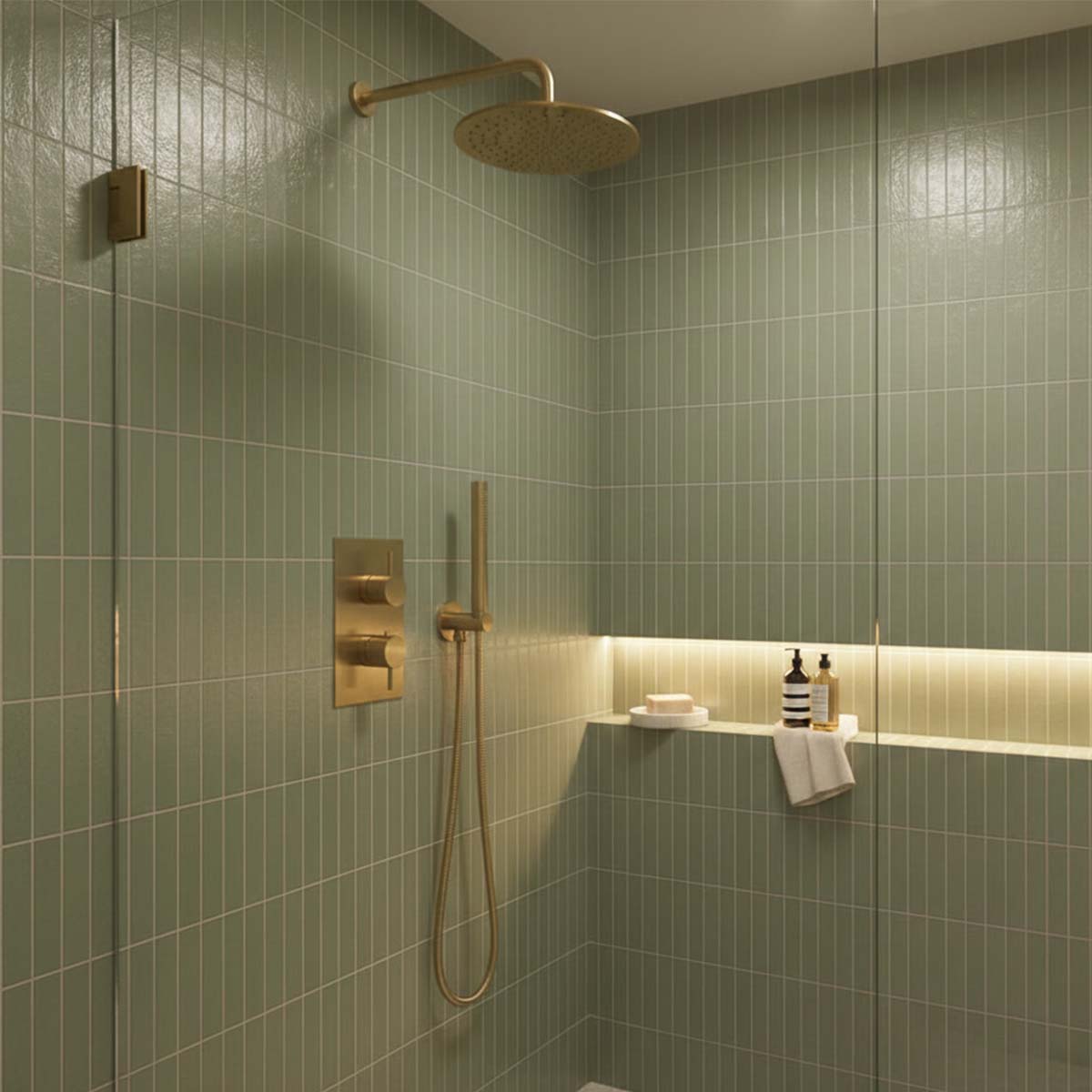 2 Outlets Concealed Shower Valve with Fixed Showerhead & Handset - Brushed Brass