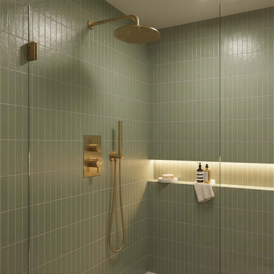 2 Outlets Concealed Shower Valve with Fixed Showerhead & Handset - Brushed Brass 1200