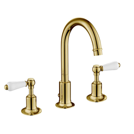 3-Hole Deck Mounted Lever Basin Mixer with Click Clack Waste - Polished Gold 1200