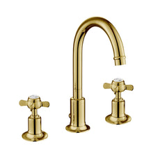 3- Hole Deck Mounted Basin Mixer Pinch Handles and Click Clack Waste - Polished Gold
