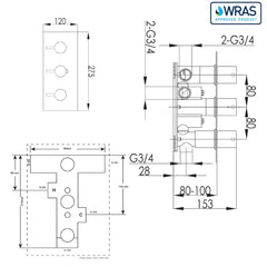Concealed shower valve 3 way - Technical drawing