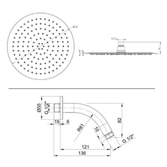 Brushed stainless steel shower head - Technical drawing