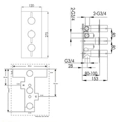 Thermostatic concealed shower valve - Technical drawing