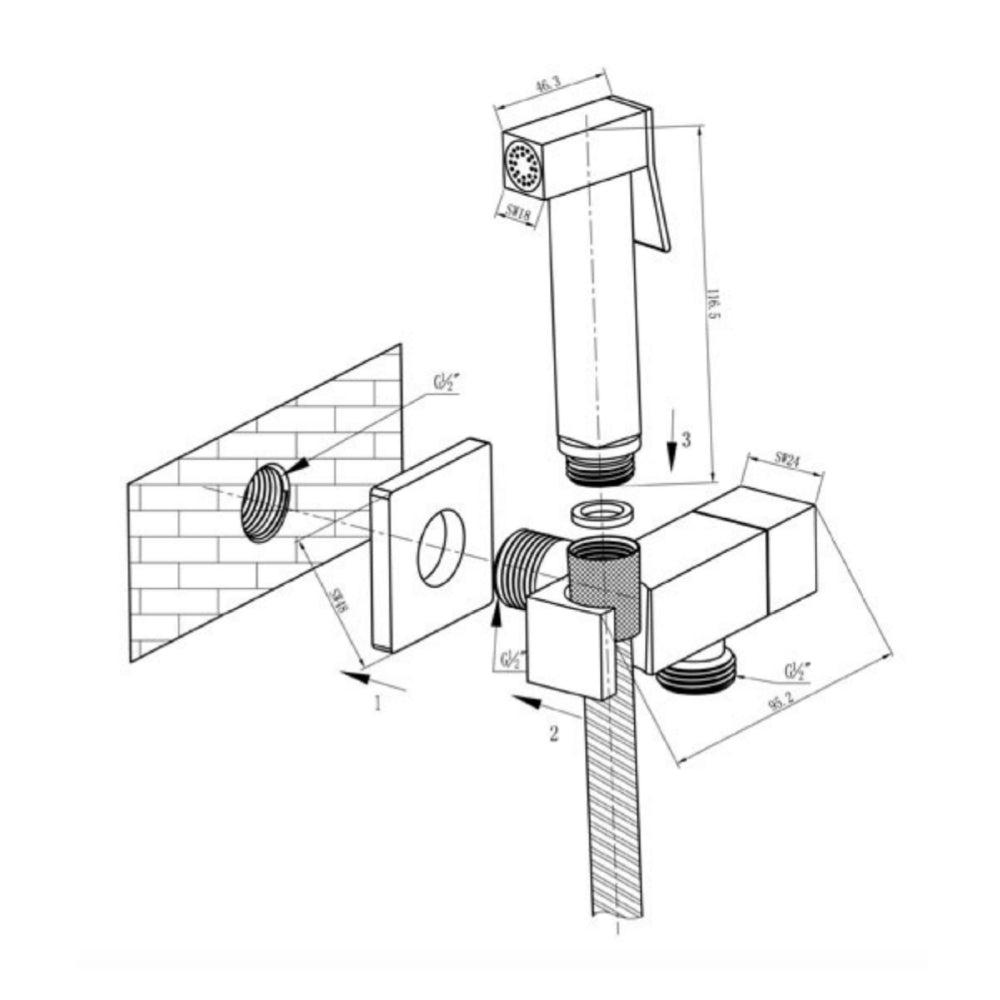 Square Douche Shower Spray Kit with Built-in Valve Technical Drawing