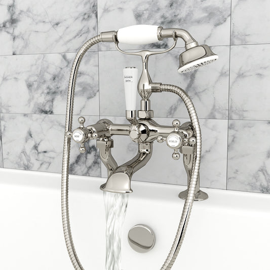 Traditional Deck Mounted Bath Shower Mixer Tap with Handset – Nickel 1000