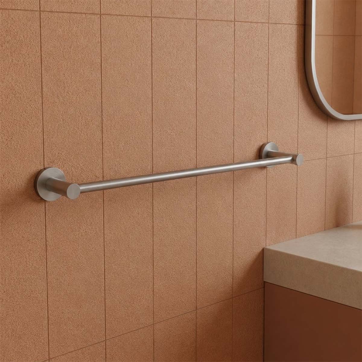 A brushed stainless steel wall-mounted towel bar in Ireland