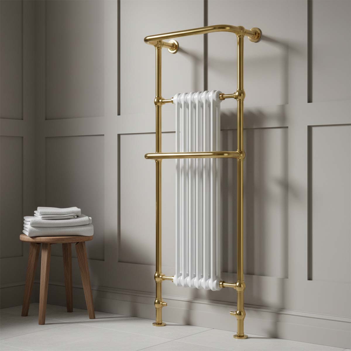 Antique Brass Traditional Towel Radiator with Two Overhanging Rails 