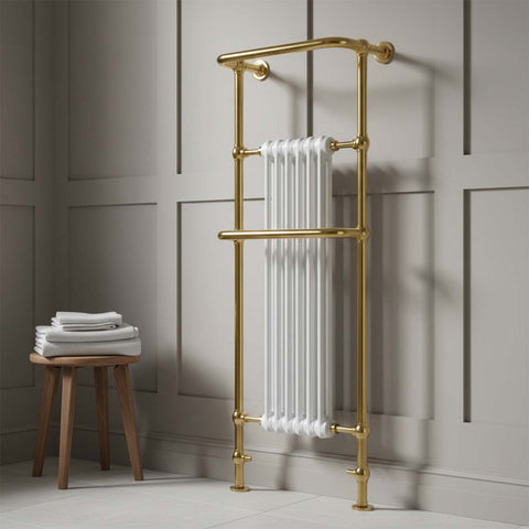 Antique Brass Traditional Towel Radiator with Two Overhanging Rails 