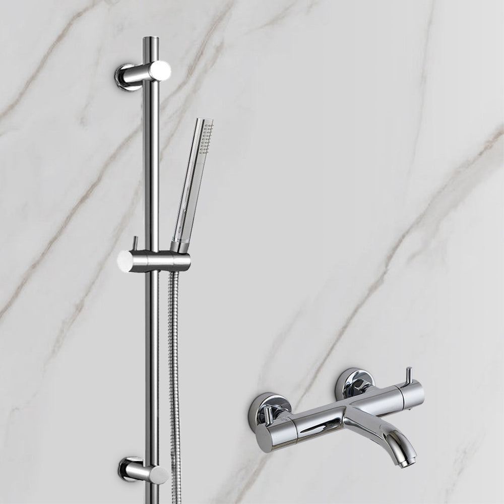 Chrome Bath Tap with Shower Riser |Wall Thermostatic Bath Shower Mixer