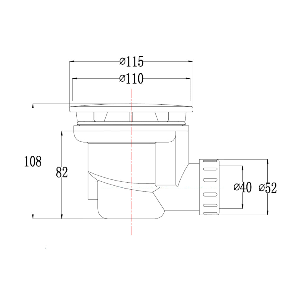 Brass Shower Waste In Gold Finish Technical Drawing