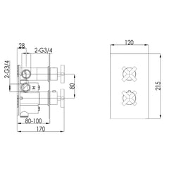 Black Thermostatic Concealed 2 Outlet Shower Valve - Technical drawing 
